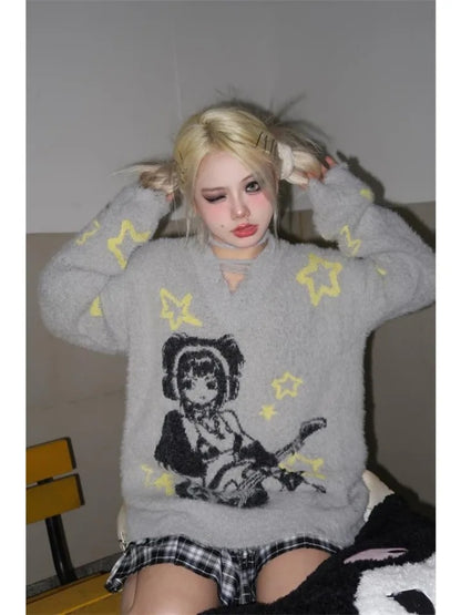 Grey Anime Girl Oversized Sweater
