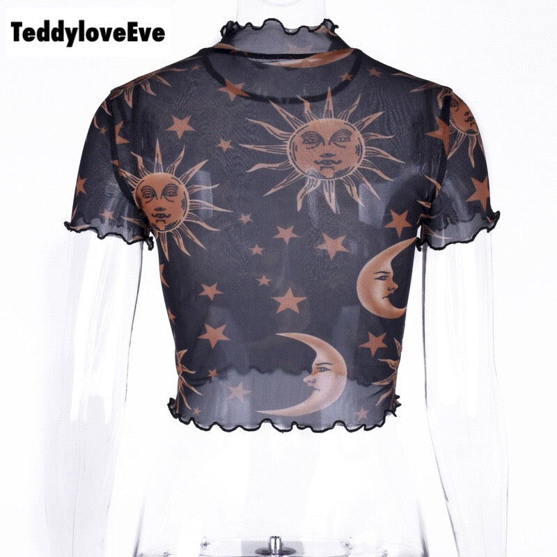 Sexy Goth Grunge Star Moon Celestial Print Ruffle Mesh Transparent Crop Top Short Sleeve Tee Shirt E-Girl Kawaii Korean Japanese Harajuku Streetwear