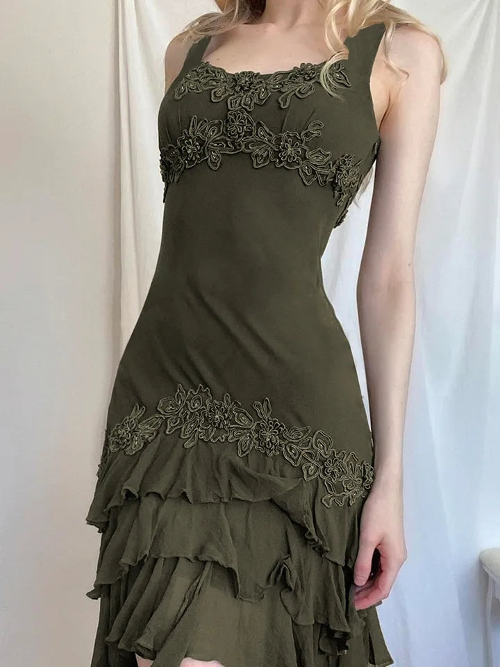 Green Ruffle Irregular Lace Dress