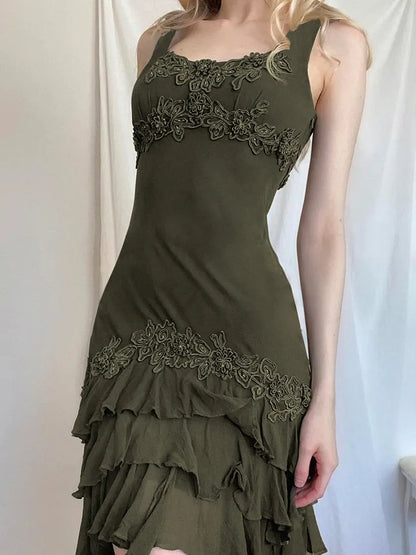 Green Ruffle Irregular Lace Dress