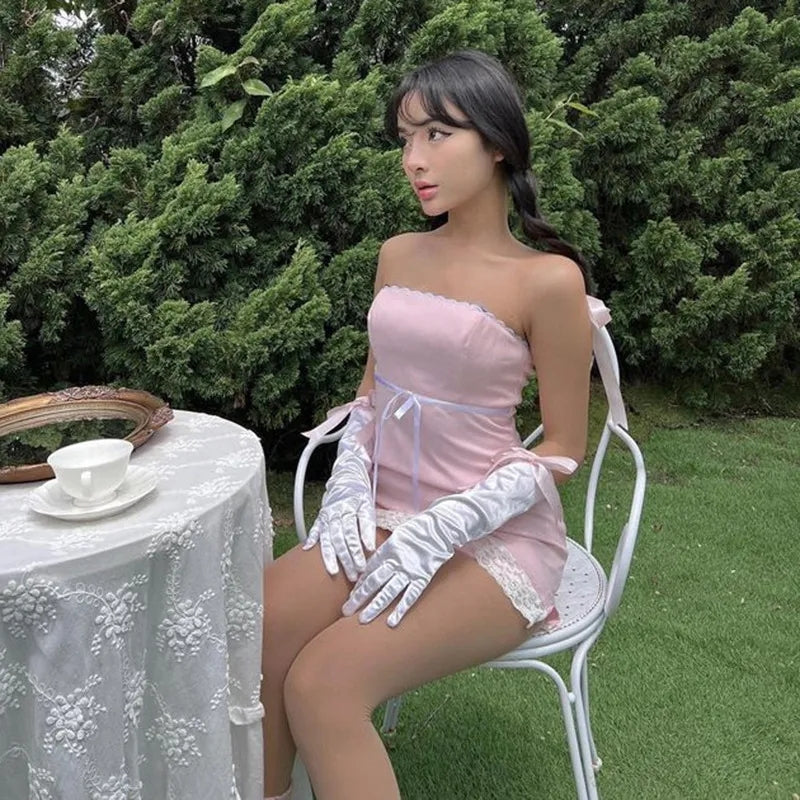 Pink Satin Lace Trim Strapless Dress