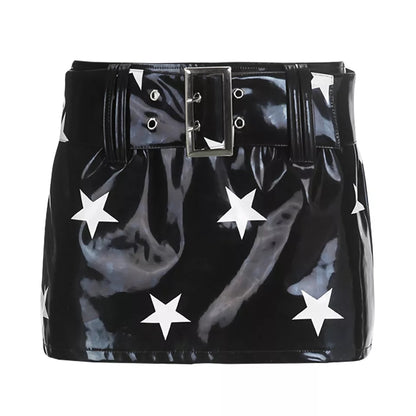 Black PU Glossy Star Print Mini Skirt