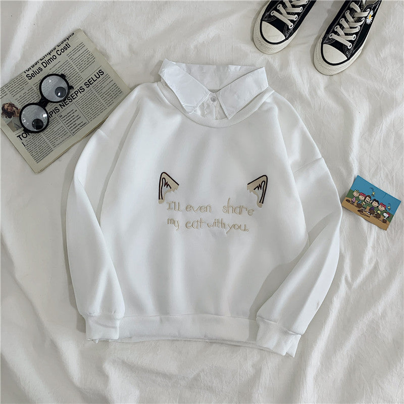 Cute Cat Kitten Print Polo Collar 2 Pcs Sweatshirt Sweater Pullover Jumper Long Sleeve Shirt Casual E-Girl Kawaii Korean Japanese Harajuku Streetwear