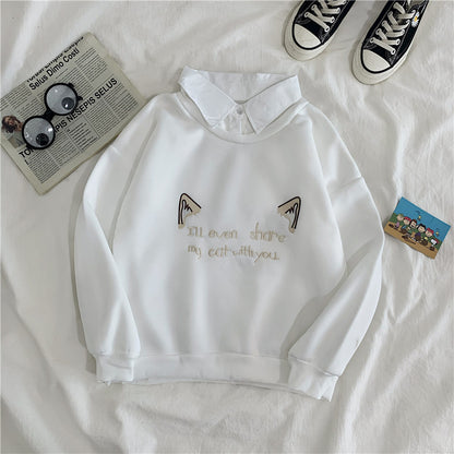 Cute Cat Kitten Print Polo Collar 2 Pcs Sweatshirt Sweater Pullover Jumper Long Sleeve Shirt Casual E-Girl Kawaii Korean Japanese Harajuku Streetwear