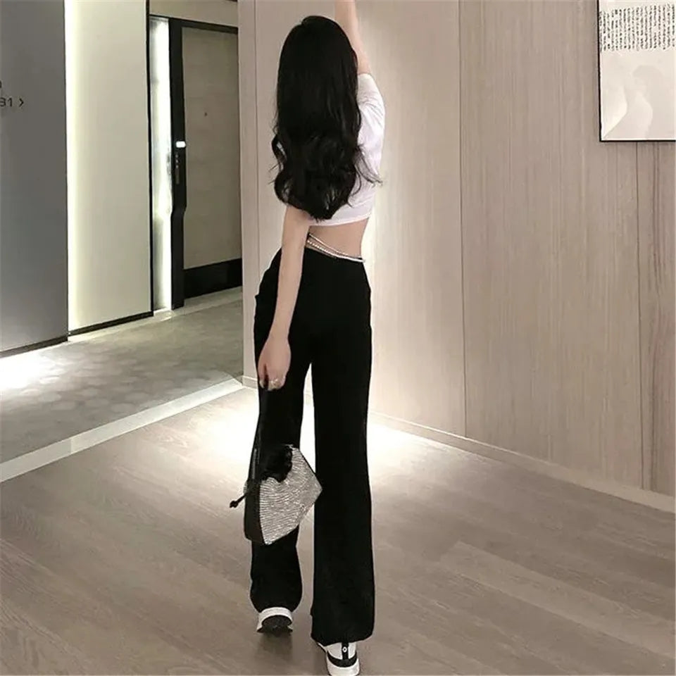 Pearl Rhinestone Black High Waist Pants