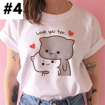 Cute White Cat Kitten Cartoon Print Loose Short Sleeve Shirt Aesthetic Casual E-Girl Kawaii Korean Japanese Harajuku