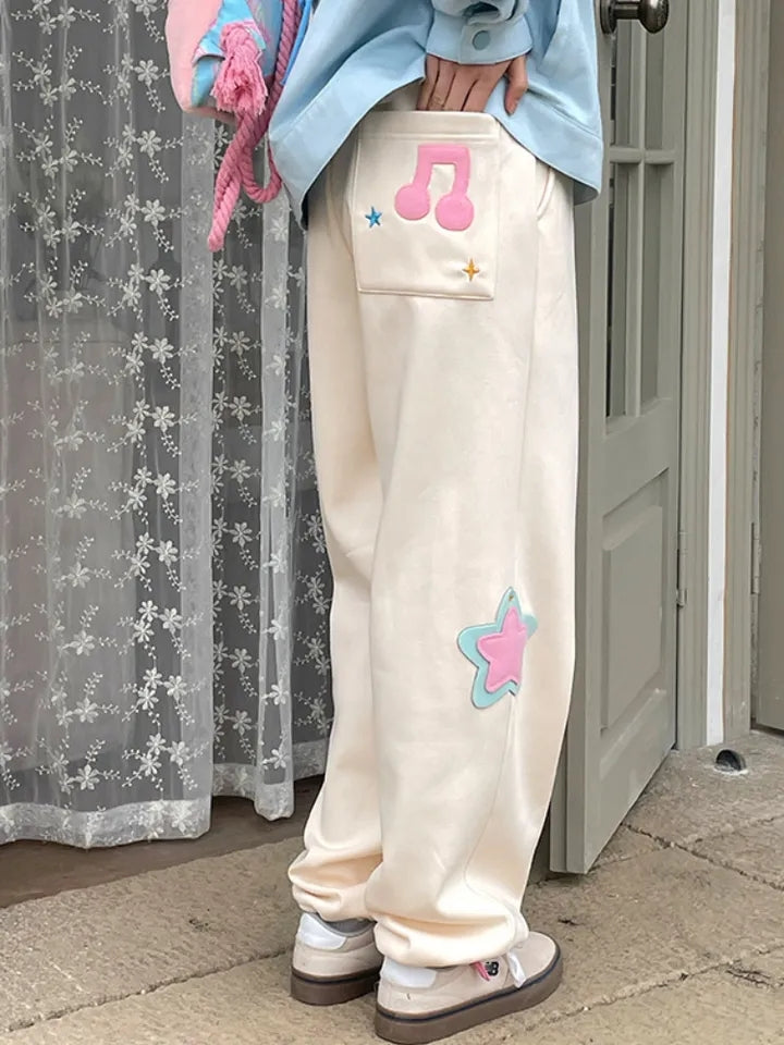 Beige Star Wide Leg Trousers