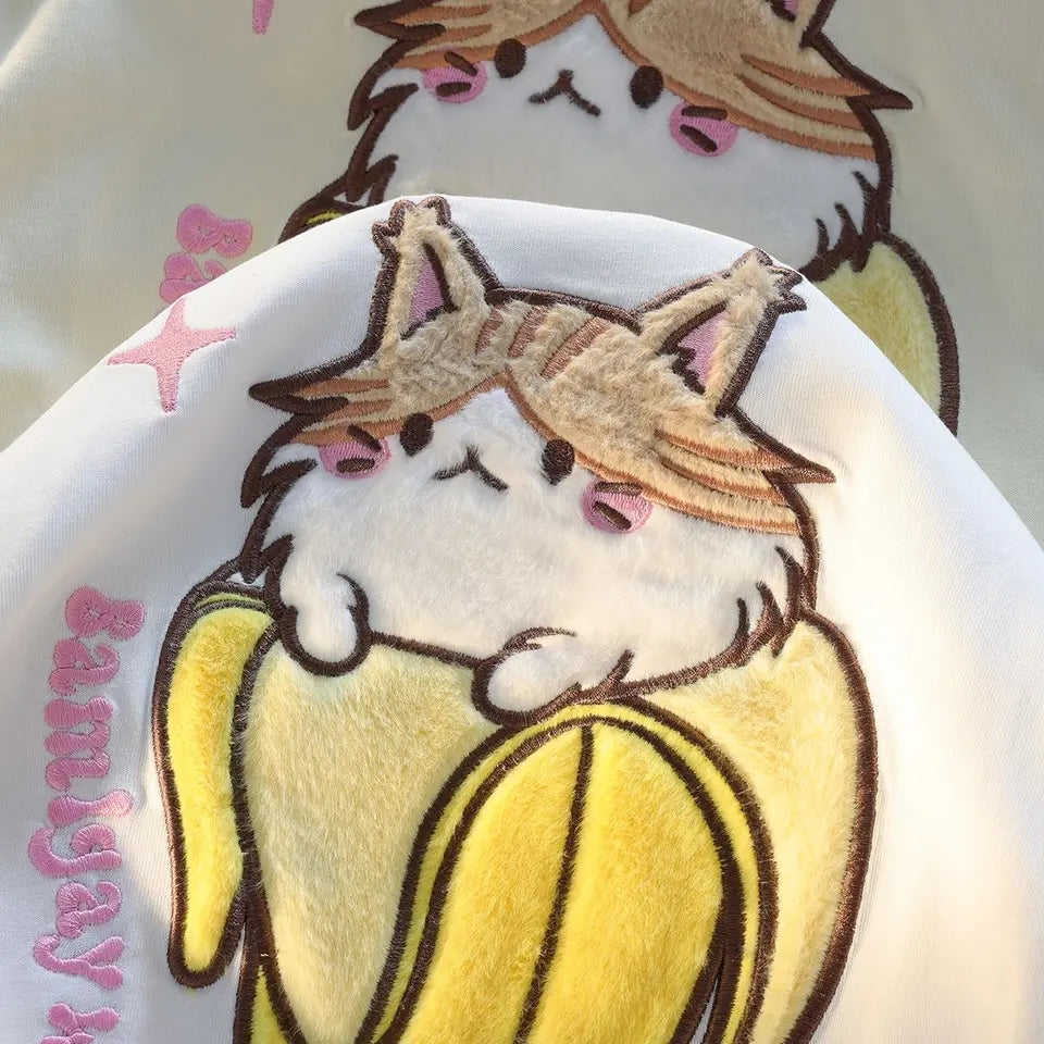 Fluffy Cat Banana Short Sleeve T-shirt