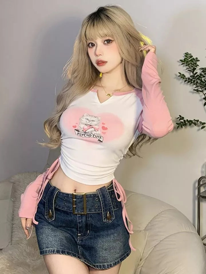Sweet Pink Cat Print Long Sleeve T-shirt