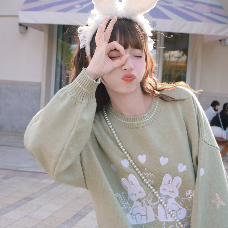 Green Rabbit Knit Long Sleeve Sweater