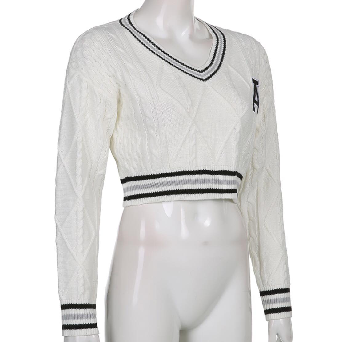White Varsity V Neck Long Sleeve Crop Top Knit Pullover Sweater Jumper Autumn Aesthetic Casual E-Girl Kawaii Korean Japanese Harajuku