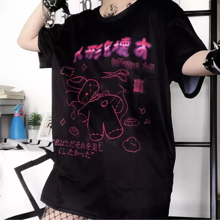 Cute Black Rabbit Bunny Print Oversized Loose Short Sleeve Shirt Tee T-shirt Summer Casual Goth Punk E-Girl Kawaii Korean Japanese Harajuku Streetwear