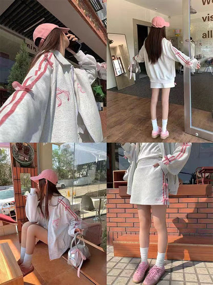 Bow Embroidery Zipper Fleece Jacket