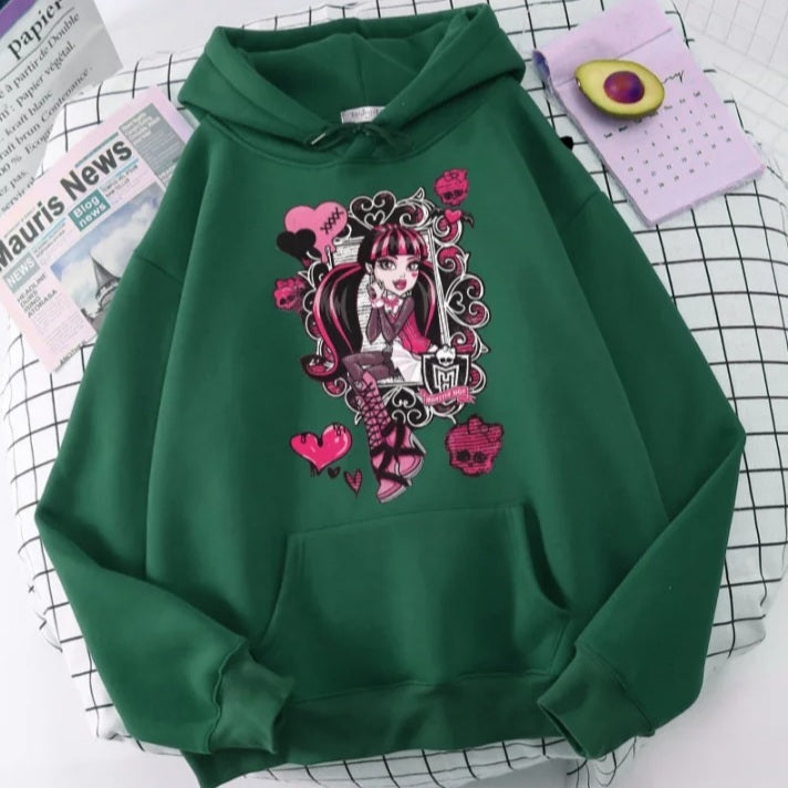 Cute Girl Monster Cartoon Print Long Sleeve Hoodie Sweater Sweatshirt Pullover Aesthetic Casual Summer E-Girl Kawaii Korean Japanese Harajuku