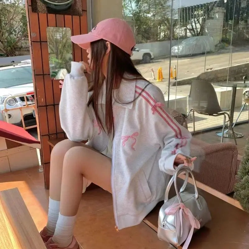 Bow Embroidery Zipper Fleece Jacket