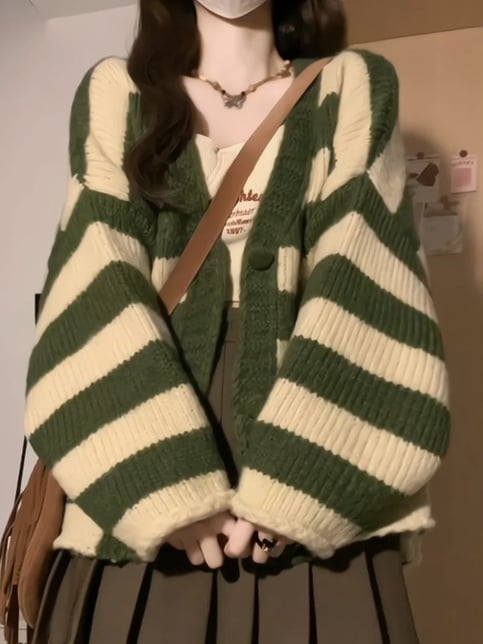 Green Stripe Loose Cardigan