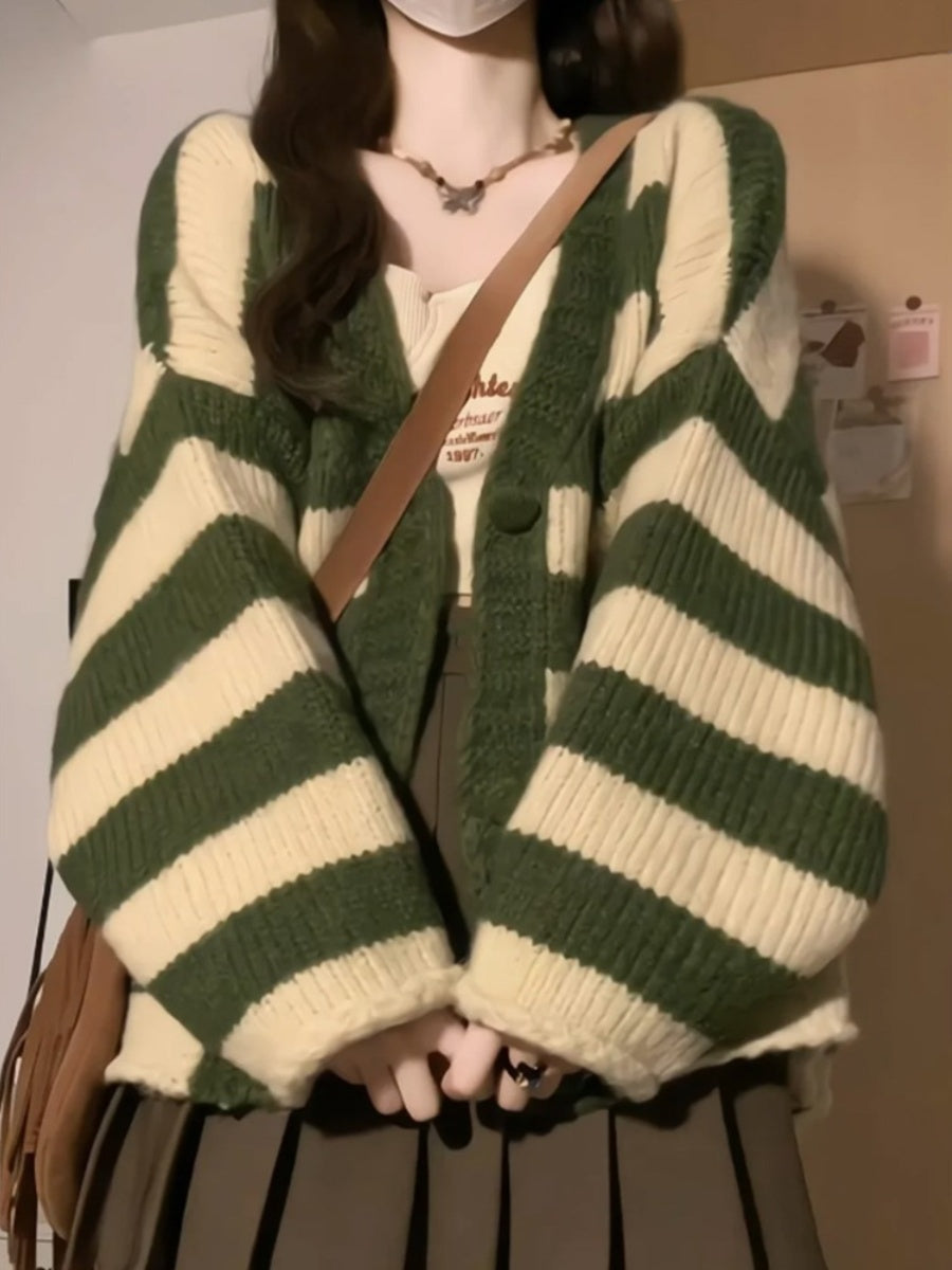 Green Stripe Loose Cardigan