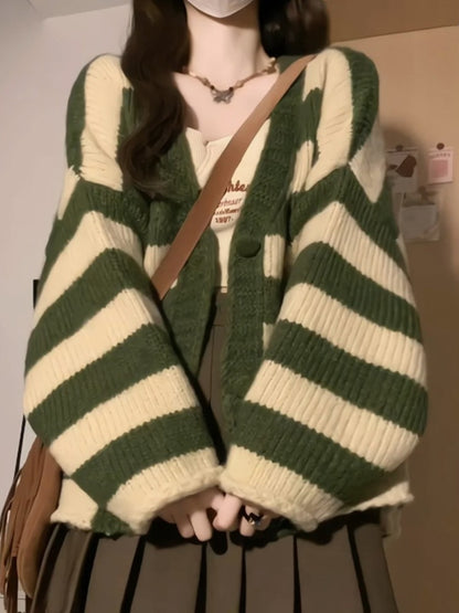 Green Stripe Loose Cardigan