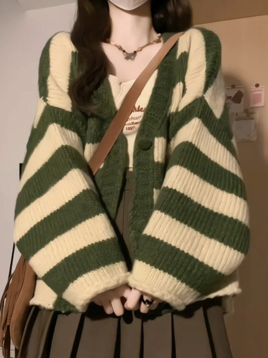 Green Stripe Loose Cardigan