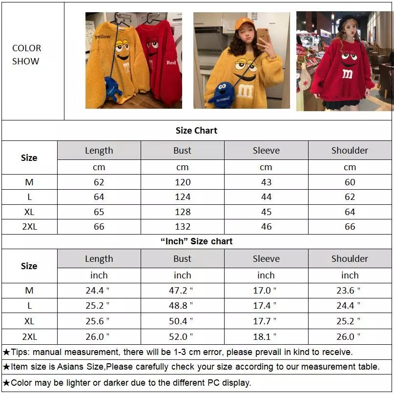 Cute Chocolate M Funny Cartoon Plush Oversize Long Sleeve Shirt Hoodie Pullover Sweatshirt Aesthetic Casual E-Girl Kawaii Korean Japanese Harajuku