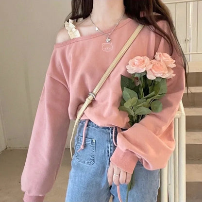 Pink Cat Embroidery Crop Sweater