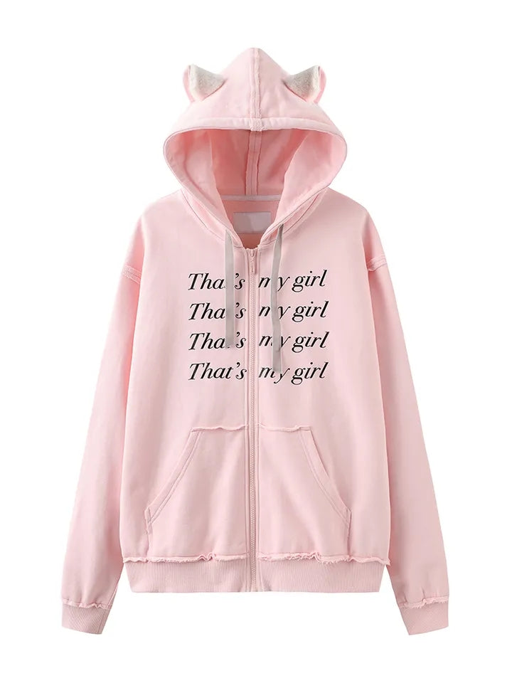 Pink Fluffy Cat Ears Letter Print Sweatshirt