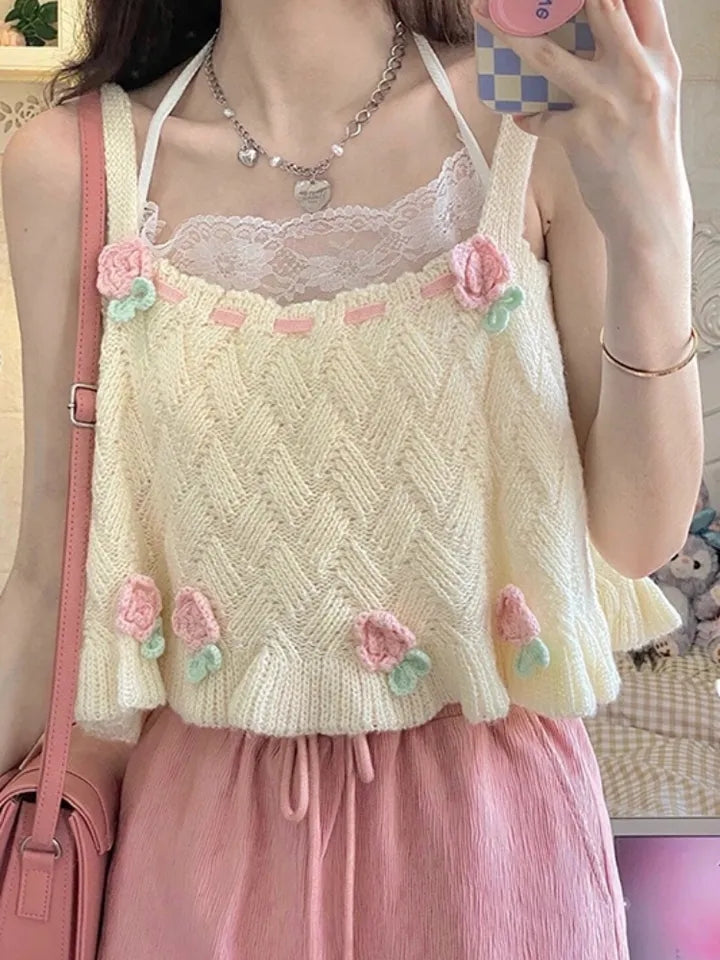 Sweet Floral Knit Vest Tank Top