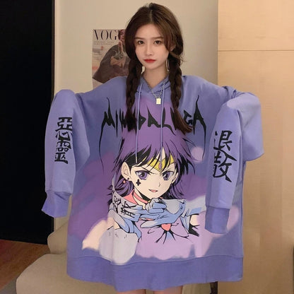 Cute Purple Anime Girl Graphic Print Oversize Long Sleeve Shirt Hoodie Punk Goth Aesthetic Casual E-Girl Kawaii Korean Japanese Harajuku