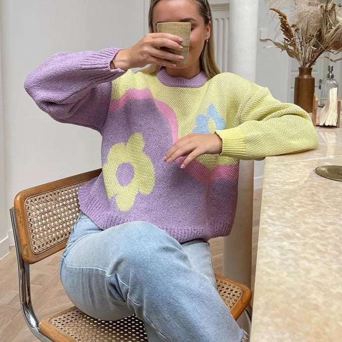 Purple & Yellow Flower Print Patchwork Sweater