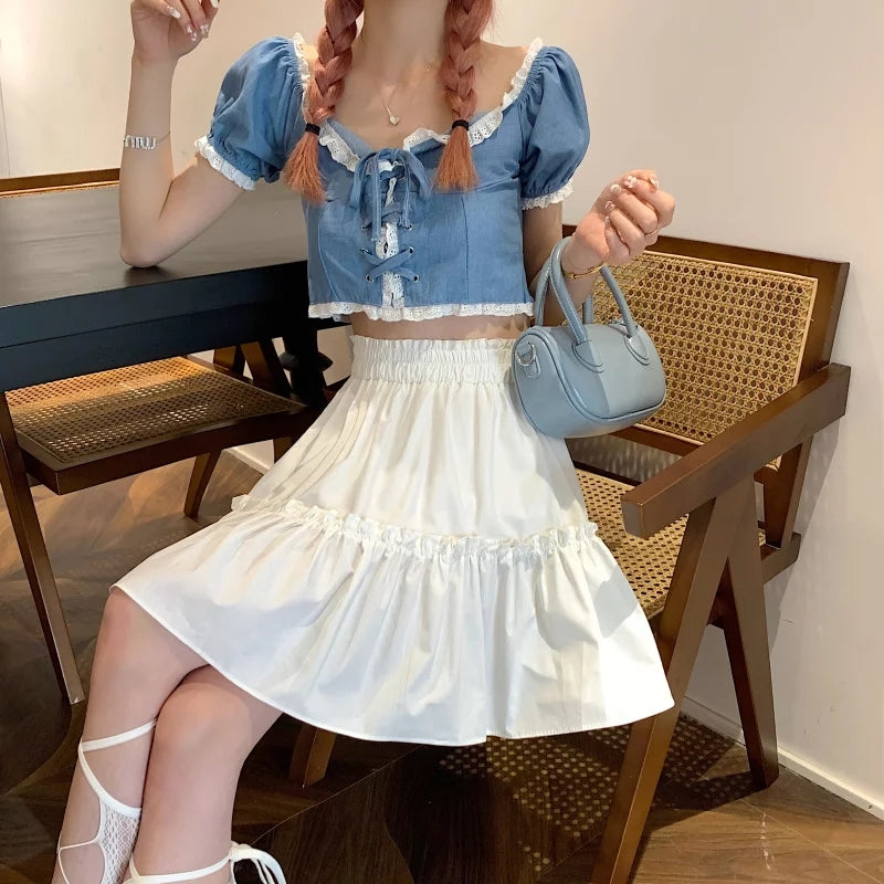 Cute White Ruffles Patchwork High Waist Mini Skirt Fairycore Pleated Preppy Aesthetic Casual Summer E-Girl Kawaii Korean Japanese Harajuku