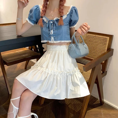 Cute White Ruffles Patchwork High Waist Mini Skirt Fairycore Pleated Preppy Aesthetic Casual Summer E-Girl Kawaii Korean Japanese Harajuku