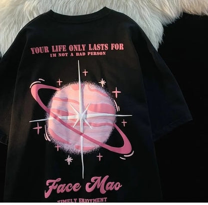Pink Planet Print Short Sleeve T-shirt