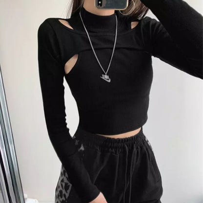 Cute 2pcs K-pop Black White Hollow Knit Long Sleeve Shirt Crop Top Fitness Streetwear Summer Aesthetic Casual E-Girl Kawaii Korean Japanese Harajuku