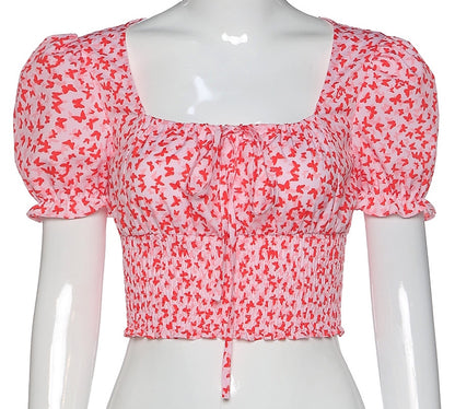 Cute Floral Butterfly Puff Tie Up Crop Top Short Sleeve Shirt Tee T-shirt Kawaii Korean Japanese Harajuku Chinese Retro Streetwear Aesthetic Fashion