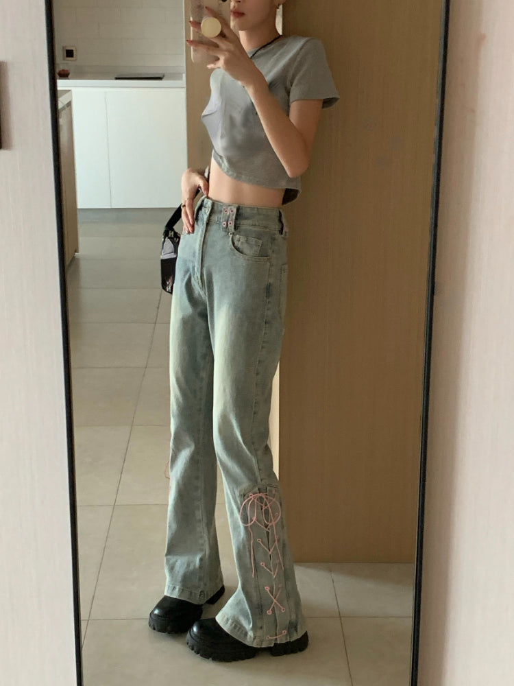 Pink Lace Up High Waist Flare Pants