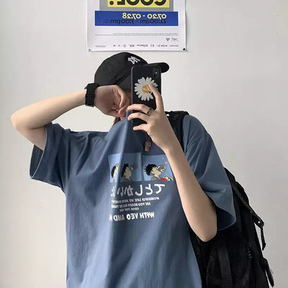 Cute Anime Boy Print Cartoon Oversized Loose Short Sleeve Shirt T-shirt Top Tee Summer Casual E-Girl Kawaii Korean Japanese Harajuku Streetwear