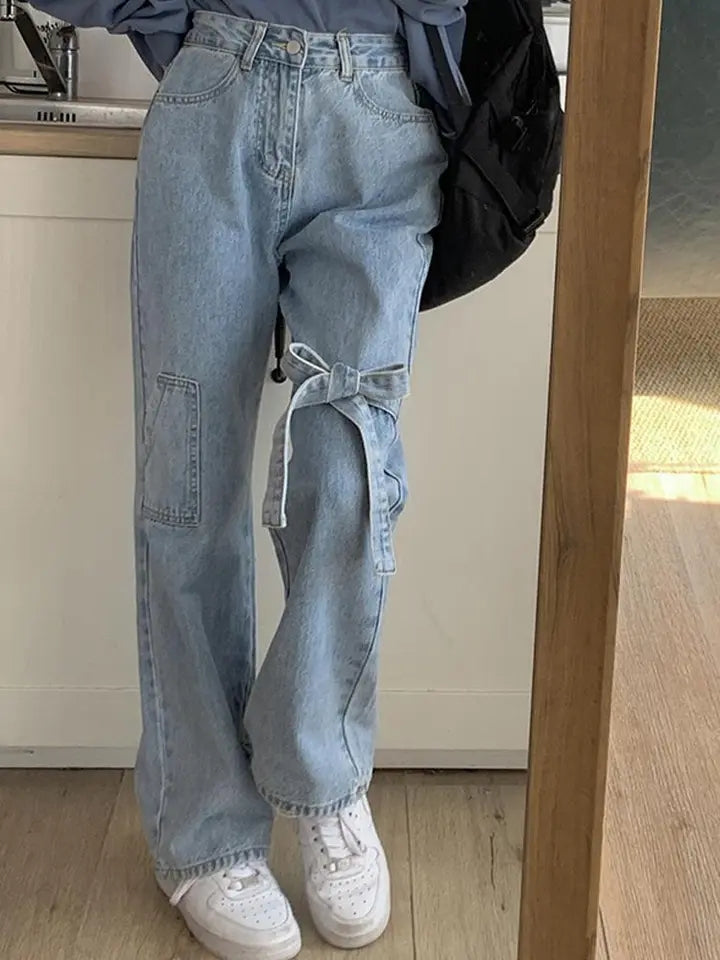 Bow High Waist Straight Leg Jeans