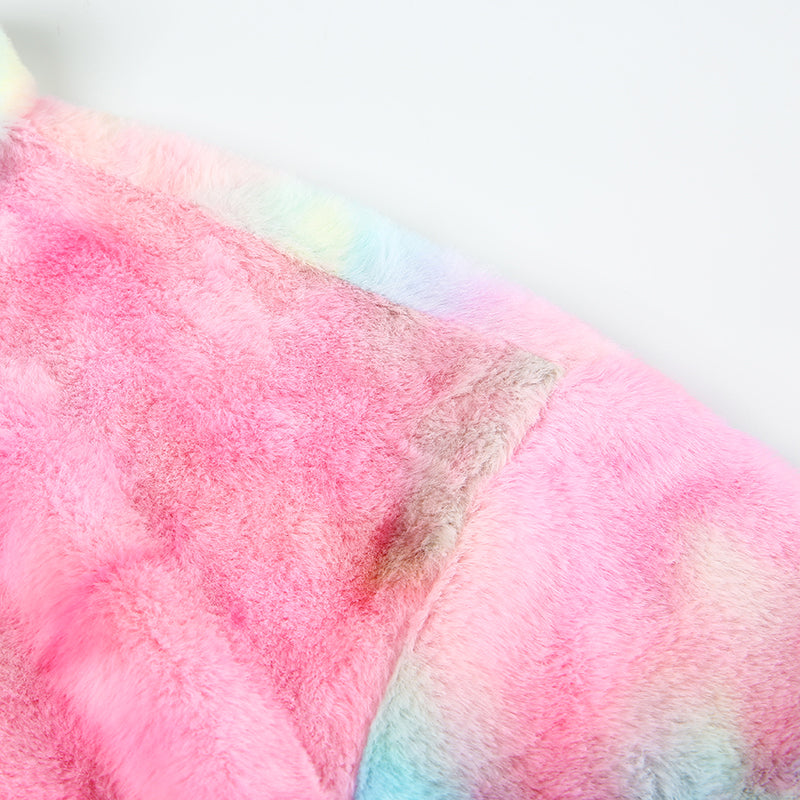 Cute Casual Rainbow Furry Tie Dye Plush Crop Long Sleeve Loose Sweatshirt Pullover E-Girl Kawaii Korean Japanese Harajuku Retro Streetwear Aesthetic