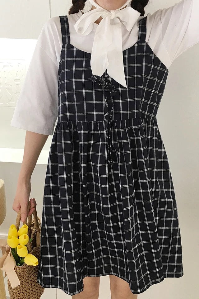 Cute Summer Preppy Loose Casual Plaid Checkered Tank Dress E-Girl Kawaii Korean Japanese Harajuku Retro Streetwear