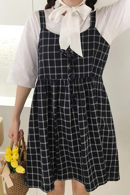Cute Summer Preppy Loose Casual Plaid Checkered Tank Dress E-Girl Kawaii Korean Japanese Harajuku Retro Streetwear