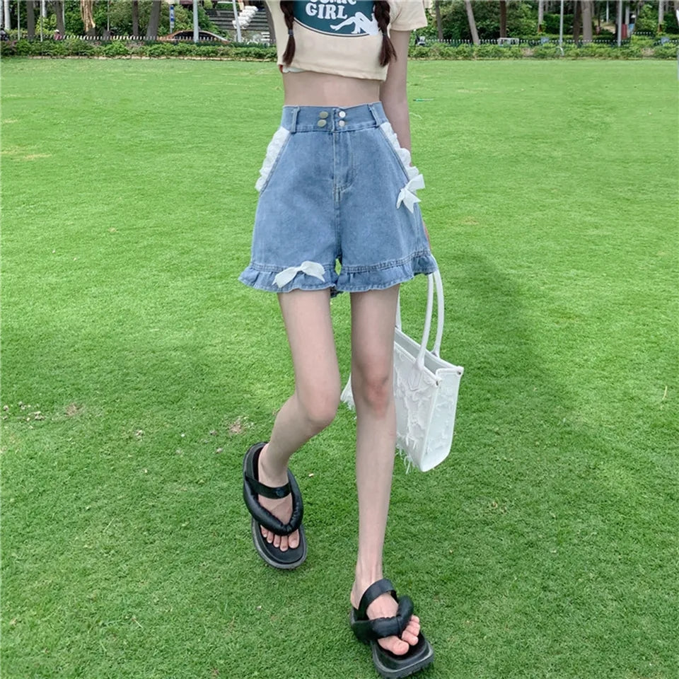 Sweet Lace Wide Leg Denim Shorts