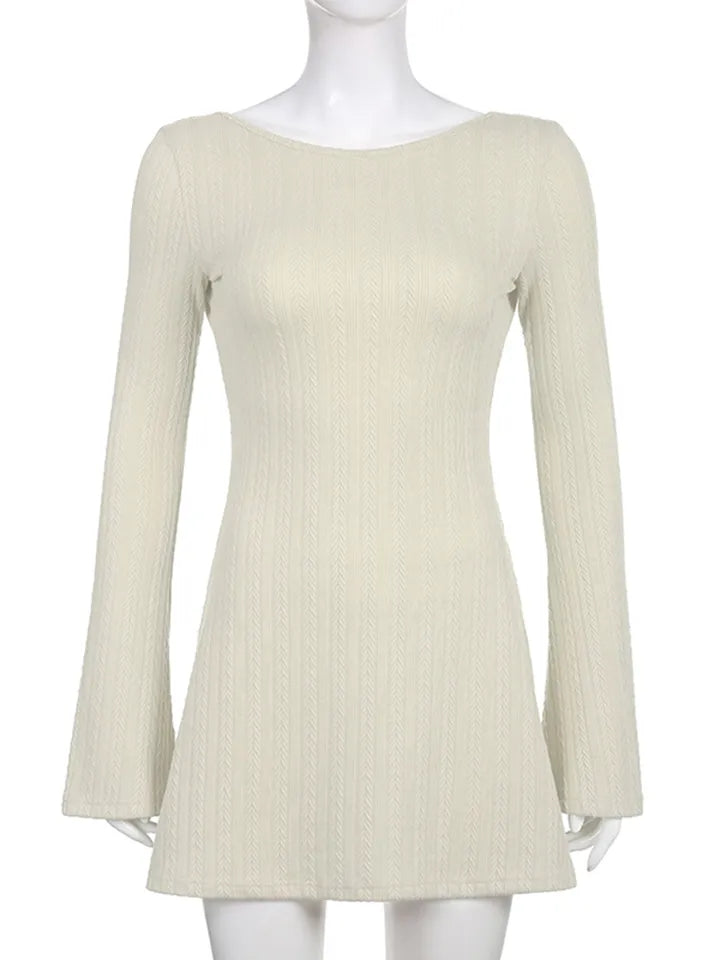 Cream Knit Backless Bodycon Long Sleeve Dress