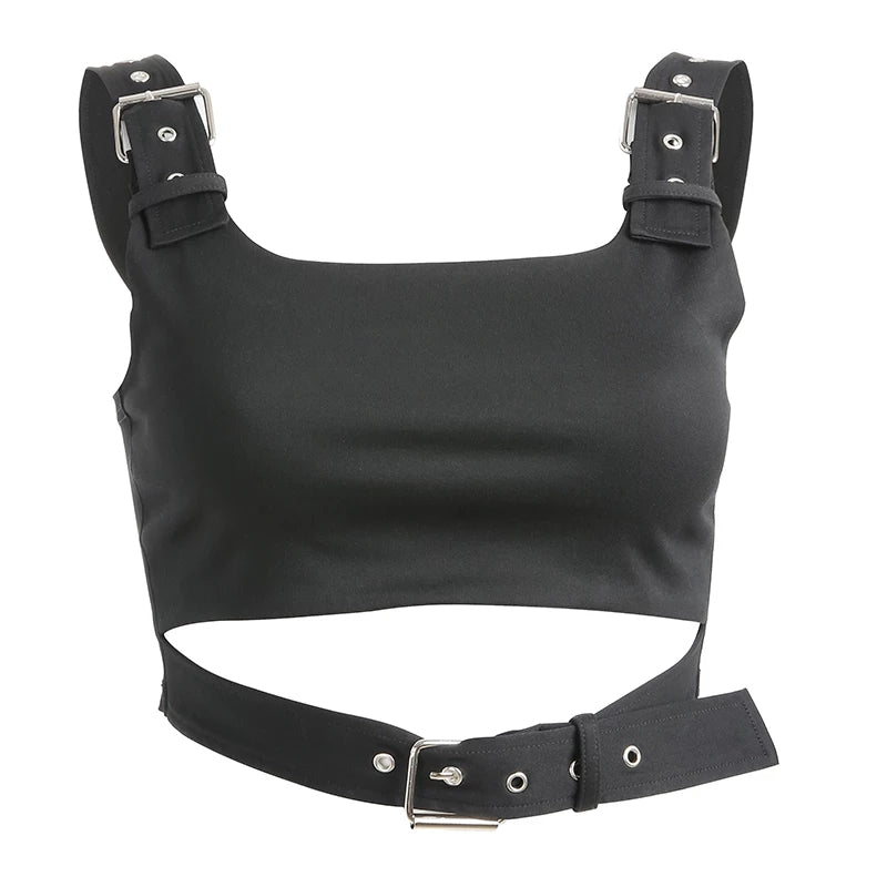Cute Black Buckle Belt Tank Crop Top Sleeveless Shirt Camisole Bustier Corset Punk Goth Summer Aesthetic E-Girl Kawaii Korean Japanese Harajuku