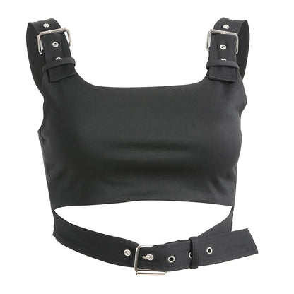 Cute Black Buckle Belt Tank Crop Top Sleeveless Shirt Camisole Bustier Corset Punk Goth Summer Aesthetic E-Girl Kawaii Korean Japanese Harajuku