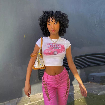 Cute 90s Vintage Hot Pink Car Print White Short Sleeve T-shirt Crop Top Aesthetic Casual E-Girl Kawaii Korean Japanese Harajuku