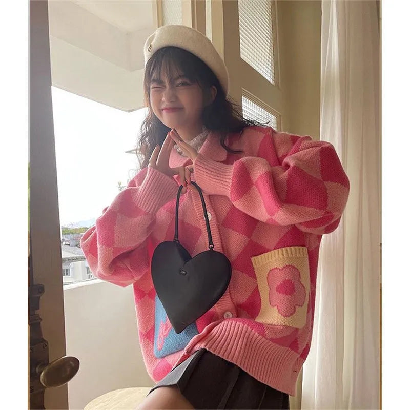 Colorful Checkered Oversized Cardigan Sweater