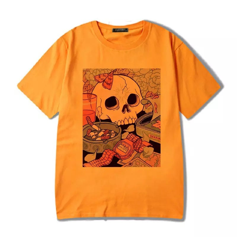 Cute Black Skull Goth Punk Print Cartoon Loose Short Sleeve Short T-shirt Tee Top Summer Casual E-Girl Kawaii Korean Japanese Harajuku Streetwear