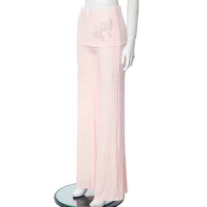 Pink Butterfly Rhinestone Fold Low Rise Flare Pants