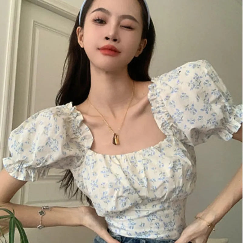 Blue Floral Bandage Puff Sleeve Square Collar Top