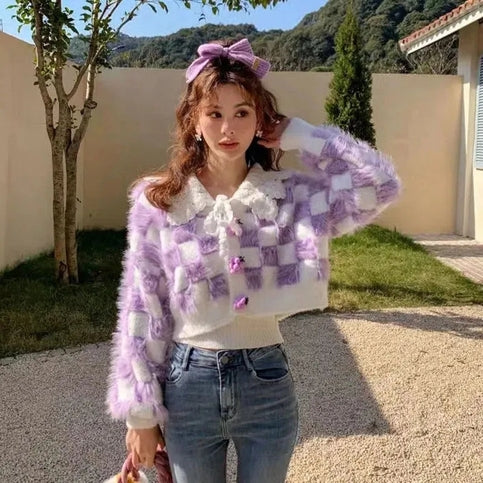 Fluffy Purple & White Plaid Cardigan
